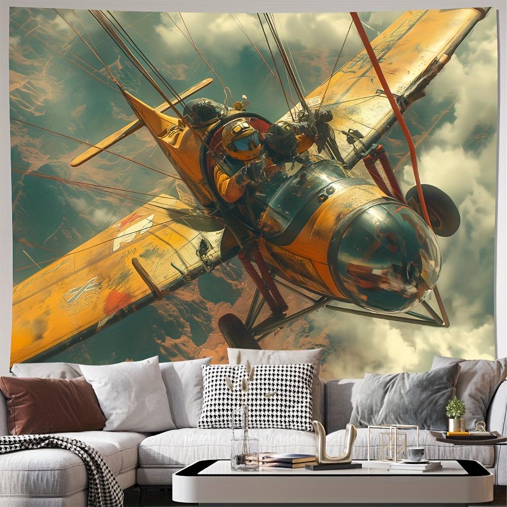 Grande Arazzo Murale Vintage Stampa Biplano Aereo Decorazione Aviazione Retrò Stile Murale Aereo in Volo 180x280cm Decorazione Stanza Casa