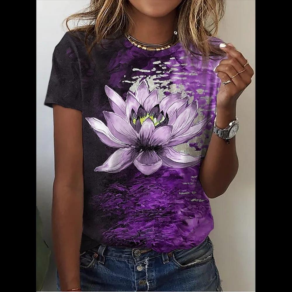 Summer Round Neck 3D Dragonfly Butterfly Lotus Printed Top Fashionable Casual Short Sleeved Women's T-shirts