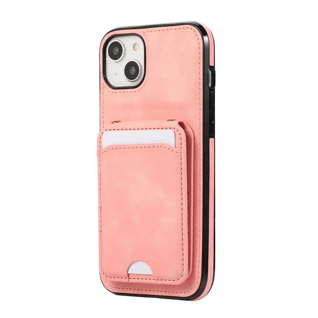 For iPhone 15 Case Card Holder Kickstand Leather+TPU Phone Cover with Shoulder Strap