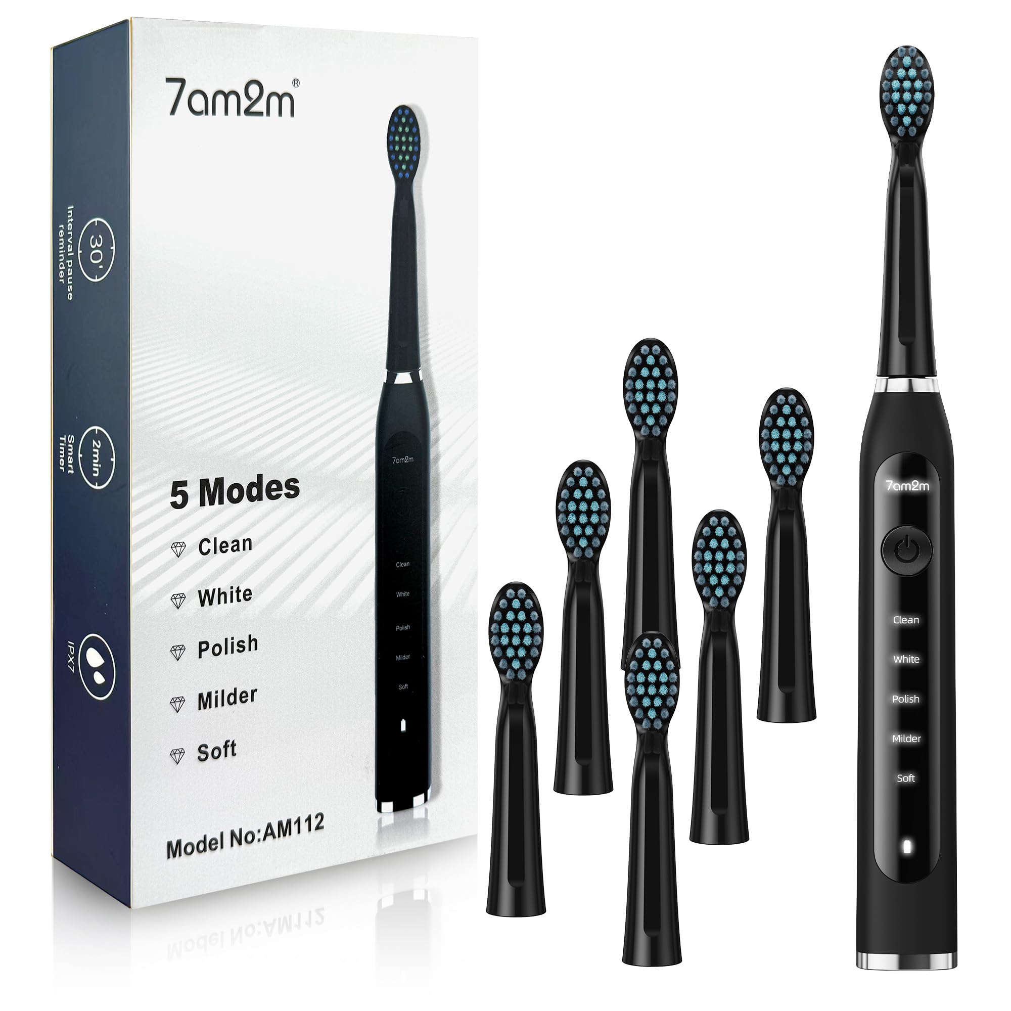 

7am2m Sonic Electric 5 6 Replacement Brush Heads 45 Days of Use on a Full Lightweight and Automatic Smart IPX7 Low Black Toothbrush, Modes, Included, чорний