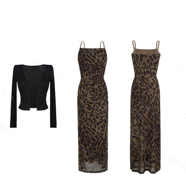French Chic Leopard Print Camisole Bodycon Dress & Sun Protection Knit Cardigan Set