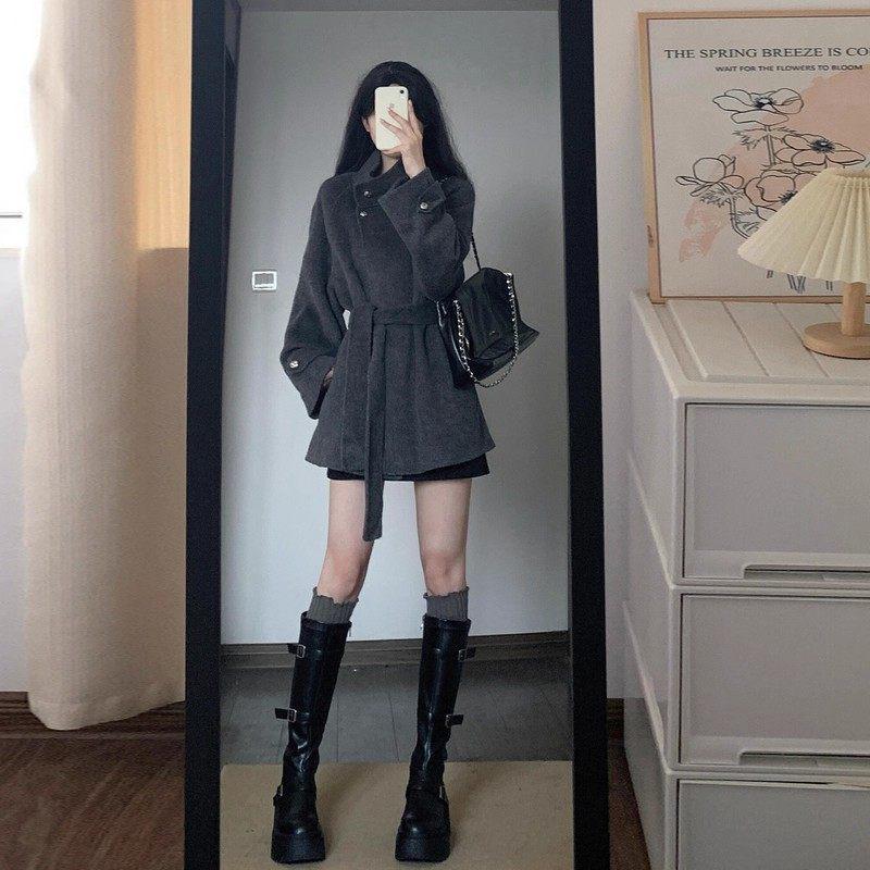 Women s Korean Style Gray Woolen Coat - Autumn/Winter 2025 Waist-Cinched Design S (40/45kg)