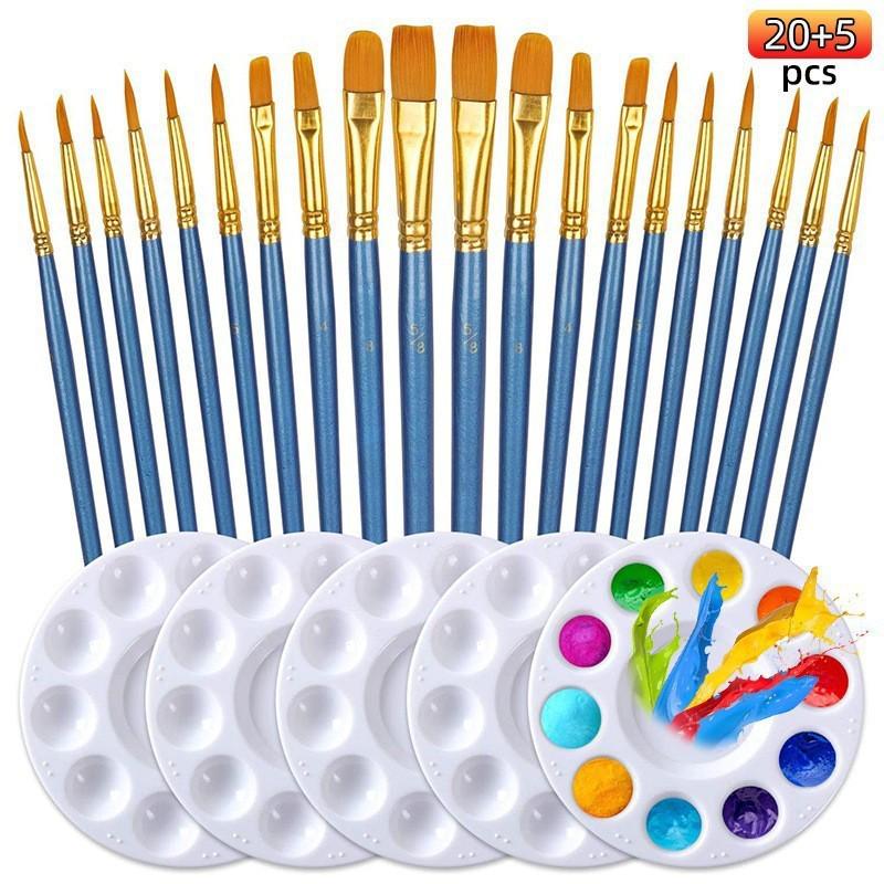 

Набор нейлоновых кистей для гуаши и акварели: Масло, Акриловая живопись Плоские кисти с красными, синими, черными ручками 20 pcs Plastic Rod Blue + 5 Palette Combo