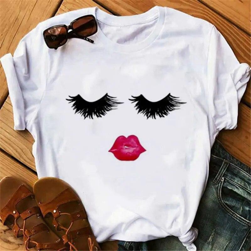 90 -х эстетические ресницы принты Tshirt Women Harajuku повседневная футболка Femme — фото 12