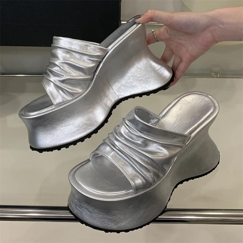 Eilyken Summer Design Pleated Leopard Print Platform Wedges Slippers Women's Open Toe Chunky Heels Party Slide Shoes