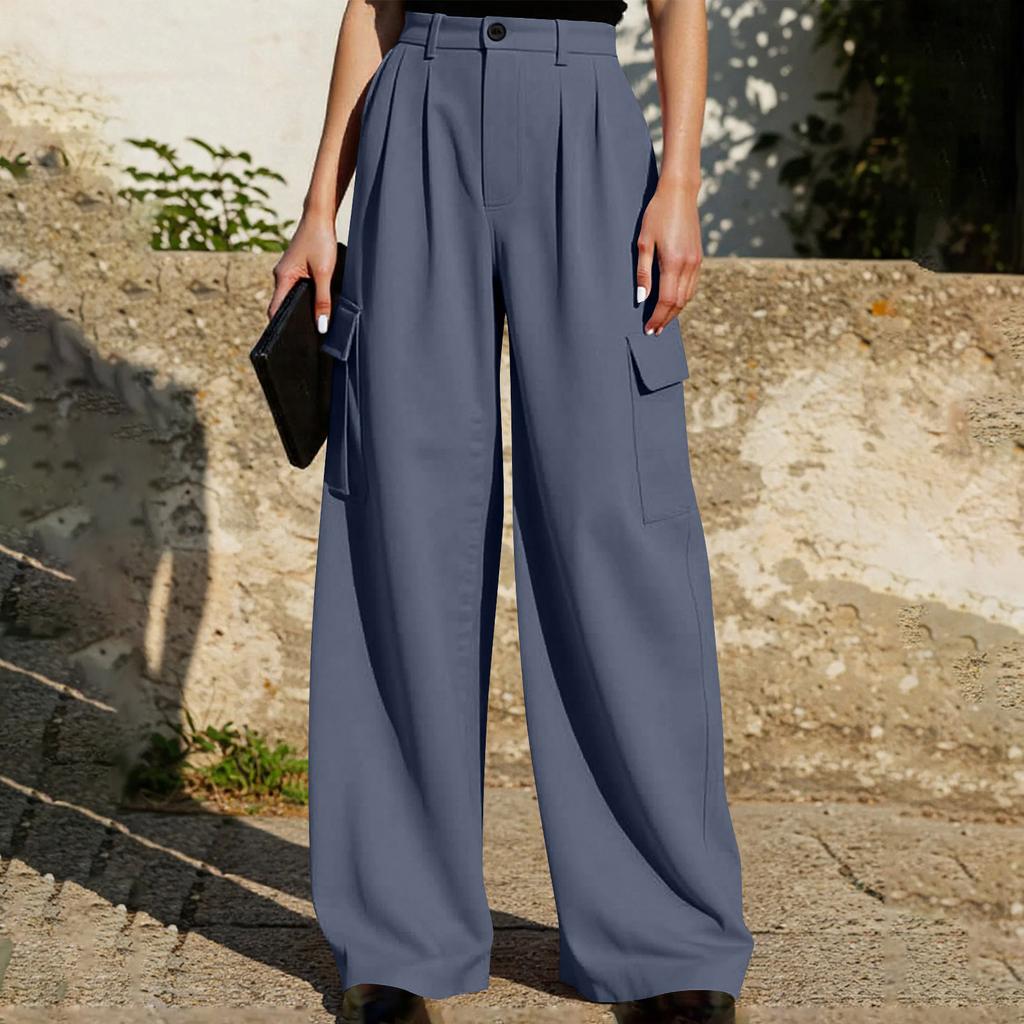 Pantalon Décontracté Large pour Femme Taille Haute Fermeture Boutonnée Poches Style Cargo Coupe Ample Pantalon Convient pour un Usage Quotidien et le Bureau