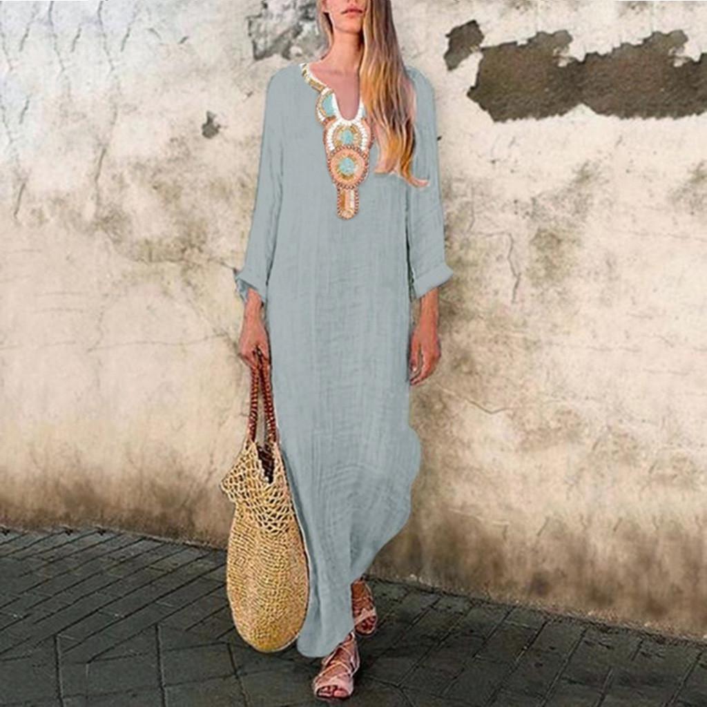 Women’s Printed Long Sleeve U-neck Maxi Dress Split Hem Baggy Kaftan Long Dress
