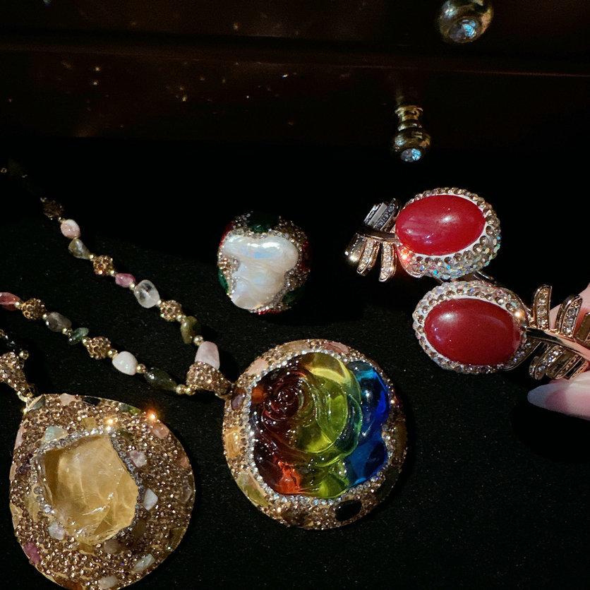 Damascus Rose Glazed Bracelet Vintage Plated 18K Gold, Baroque Citrine Drop Sweater Chain