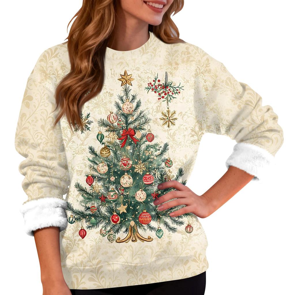 Women's Fashion Casual Long Sleeve Christmas Printed Round Neck Top Sweatshirt