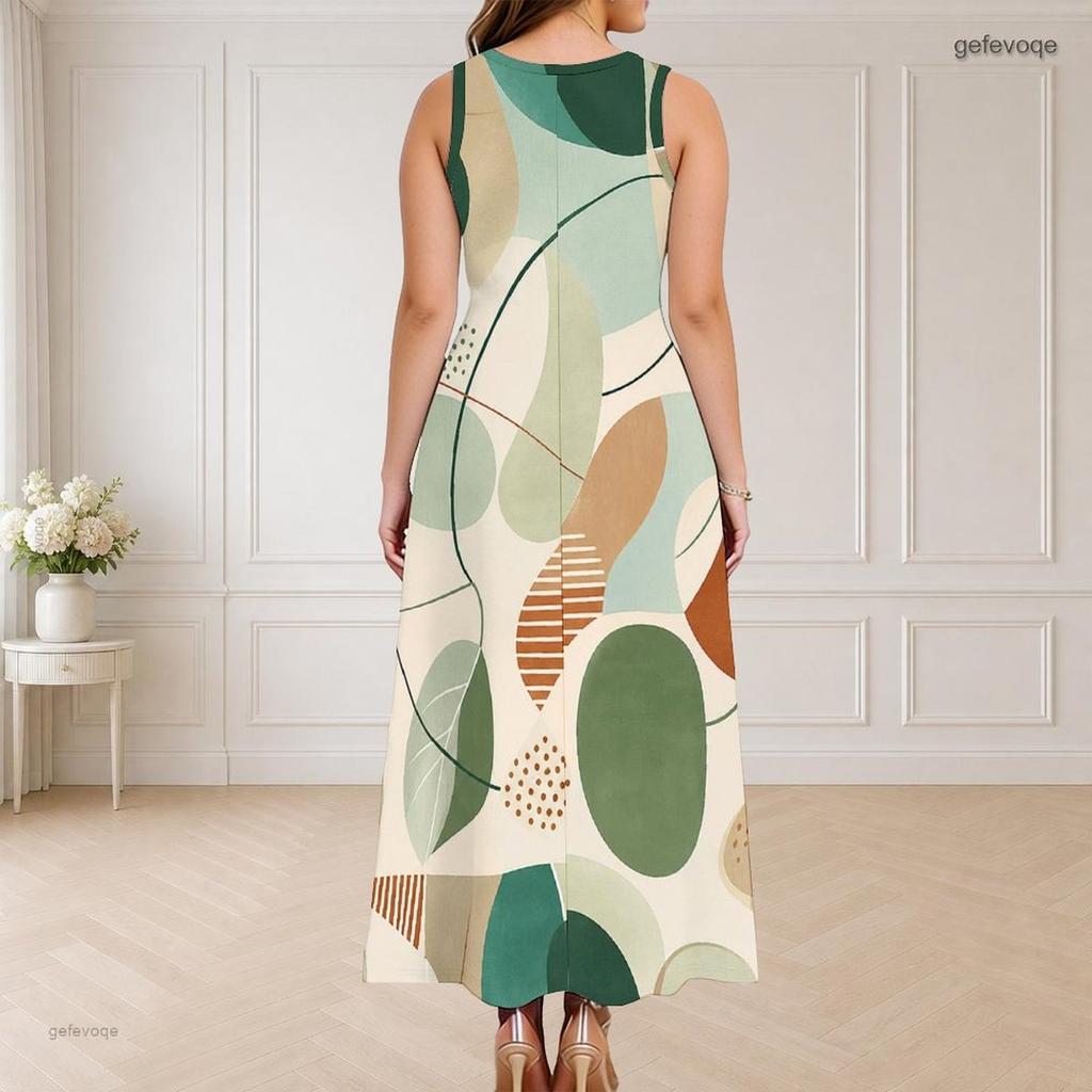 Women Plus Size Round Neck Triple Keyhole Cutout Sleeveless Geometric Printed Maxi Dress