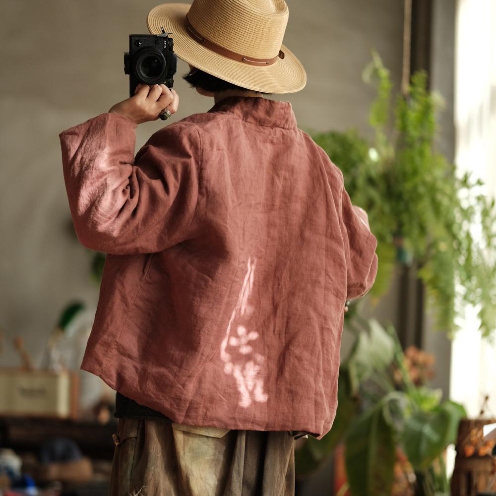 Johnature Vintage Women Patchwork V-Neck Long Sleeve Coats Autumn Single Button Coats