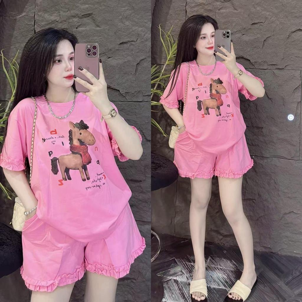 Cute Horse Print Women's Summer Two-Piece Suit: Loose Short Sleeve Top & Shorts