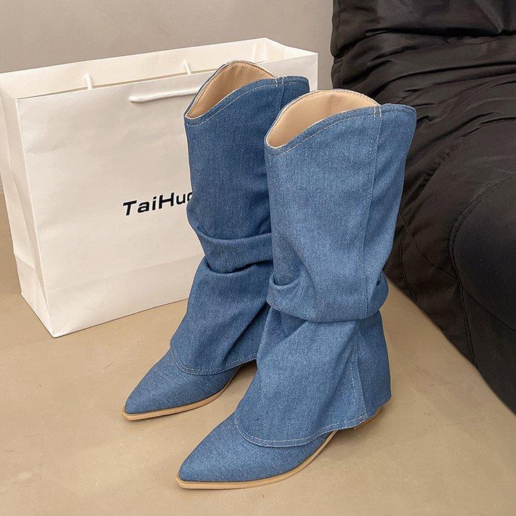 Women Pleated Blue Denim Boots New Square Heel Middle Heels Pointed Toe Women Shoes Retro Knee-High Long Boots Large Size 39- 42