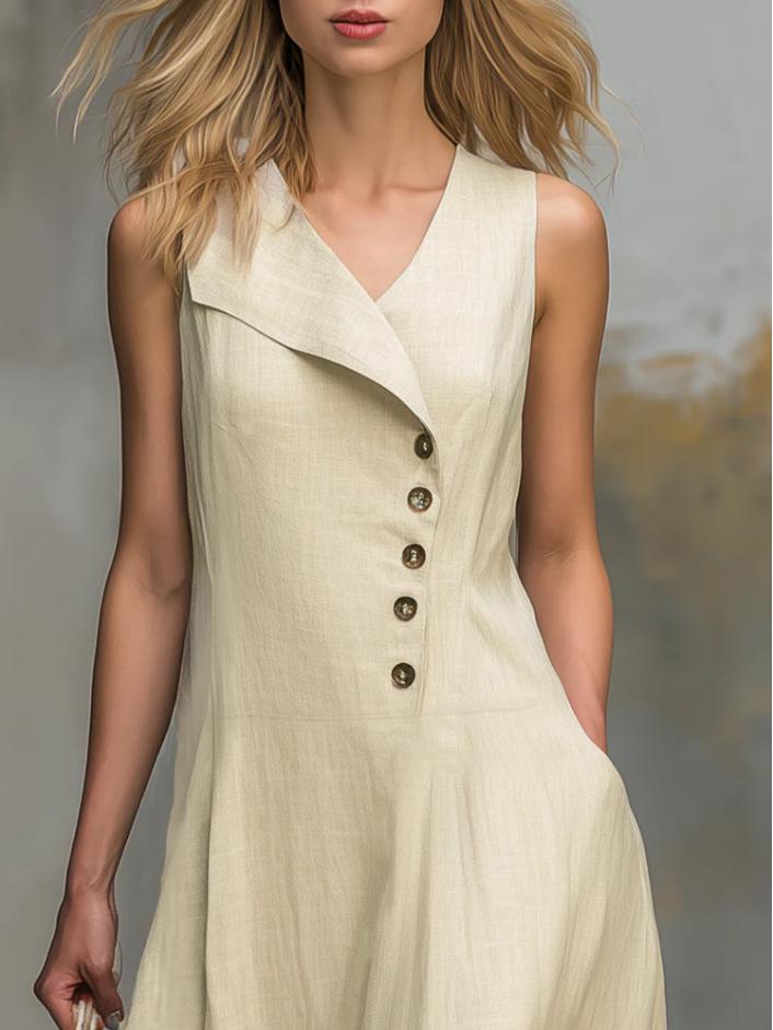 Lapel Button Closure Sleeveless Solid Color Women's Dress