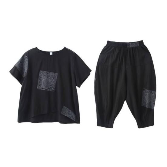 Women T-Shirt Pants Suit O Neck Elastic Waist Short Sleeves Loose Letter Print Summer Ladies Tee Sweatshirt Top Cropped Harem Trousers Kit Daily Wear