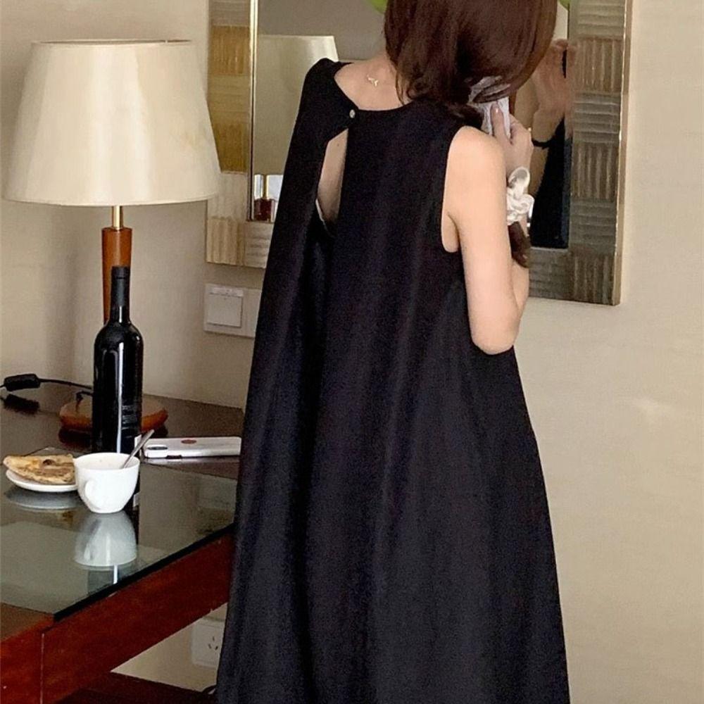 Solid Summer Sleeveless Dress Round Neck Open Back Long Dress Vocation Vest Dresses Students
