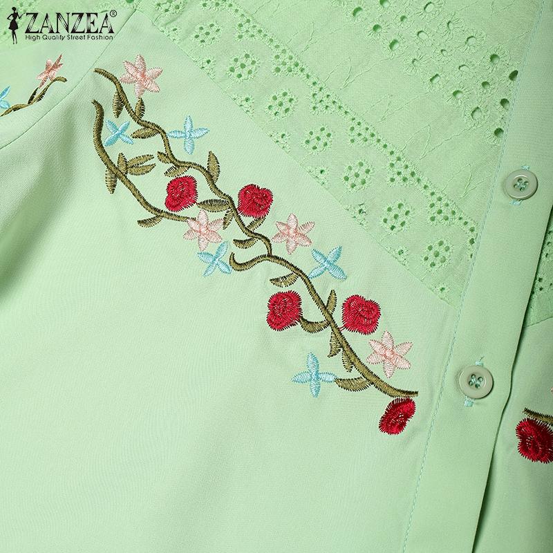 ZANZEA Dame Casual Ståkrage 3/4 Erme Løs Blomsterbroderi Bluse