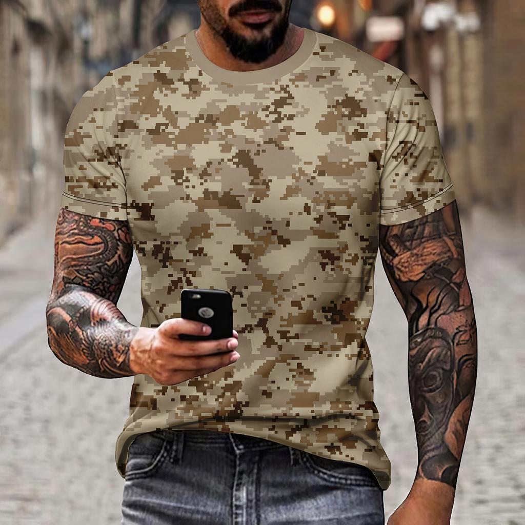 Men's Camouflage Pattern Short Sleeved Top T-shirt, Wilderness Tough Man, Sea, Land, and Air Full Range Combat Clothing