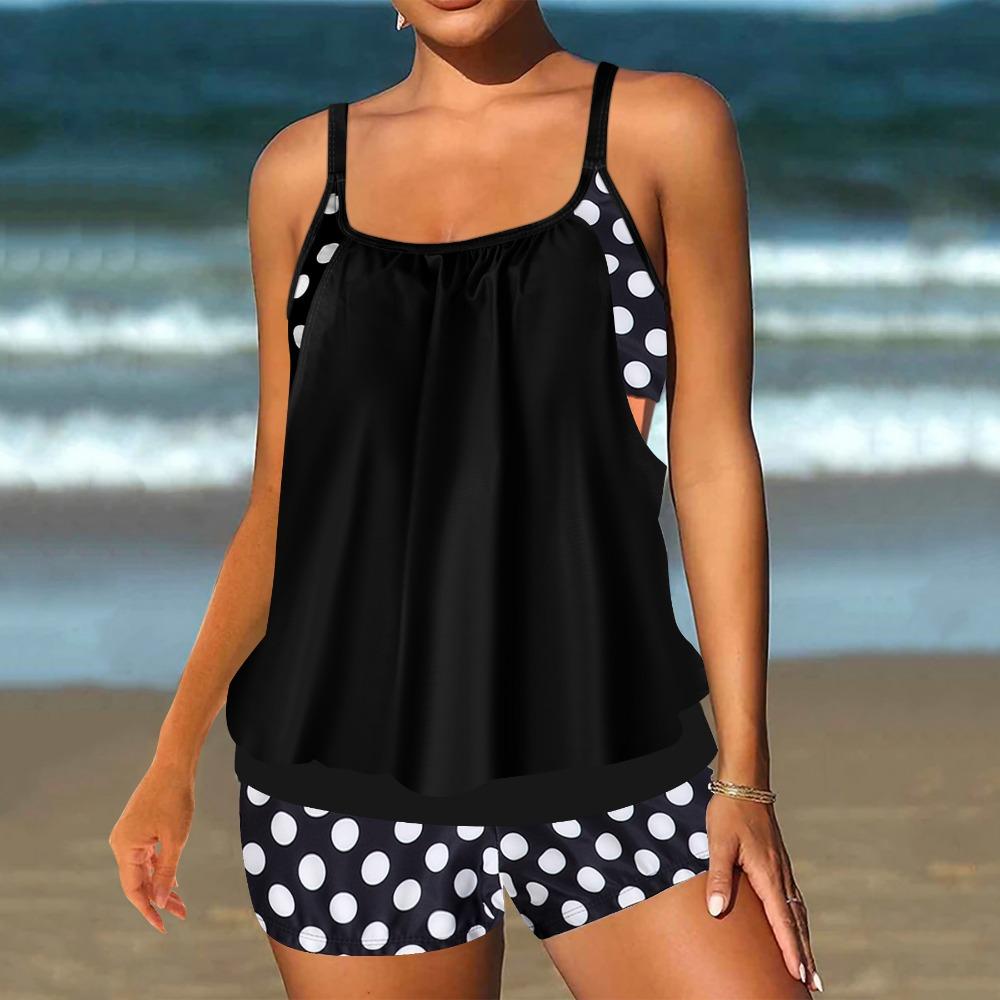 

Раздельный большой размер с принтом в горошек плоский угловой купальник женский танкини 4XL чёрный