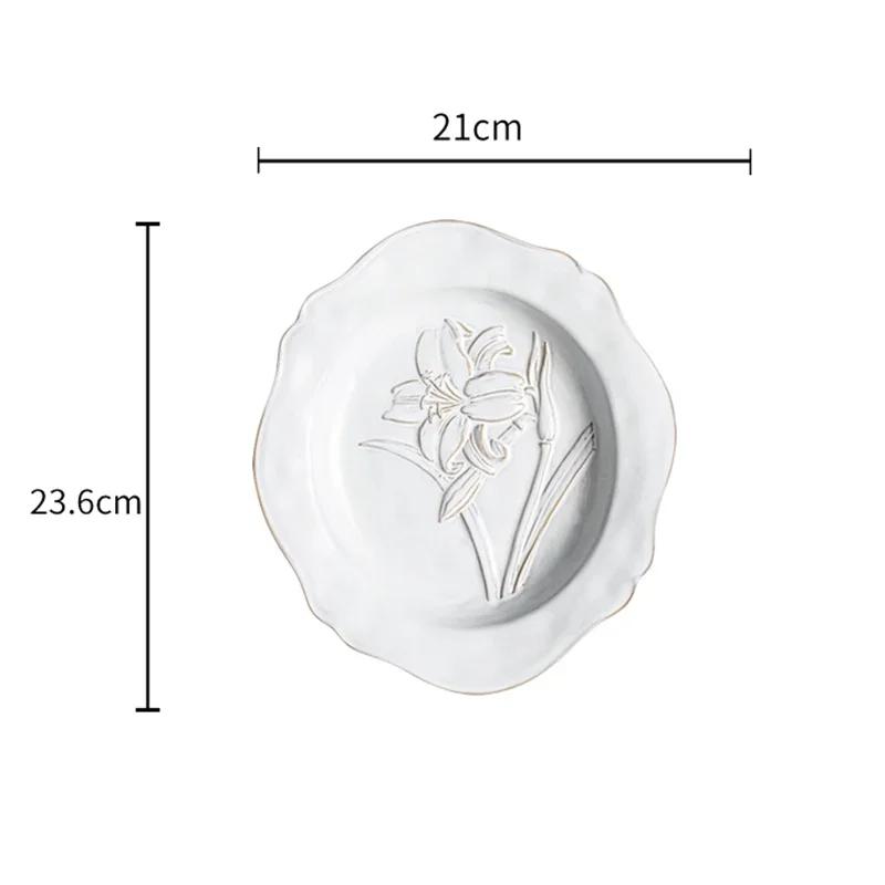 Exquisite Relief Flower Ceramic Plate Creative Irregular Dessert Fruit Plates Luxury Restaurant Salad Steak Plate Home Tableware