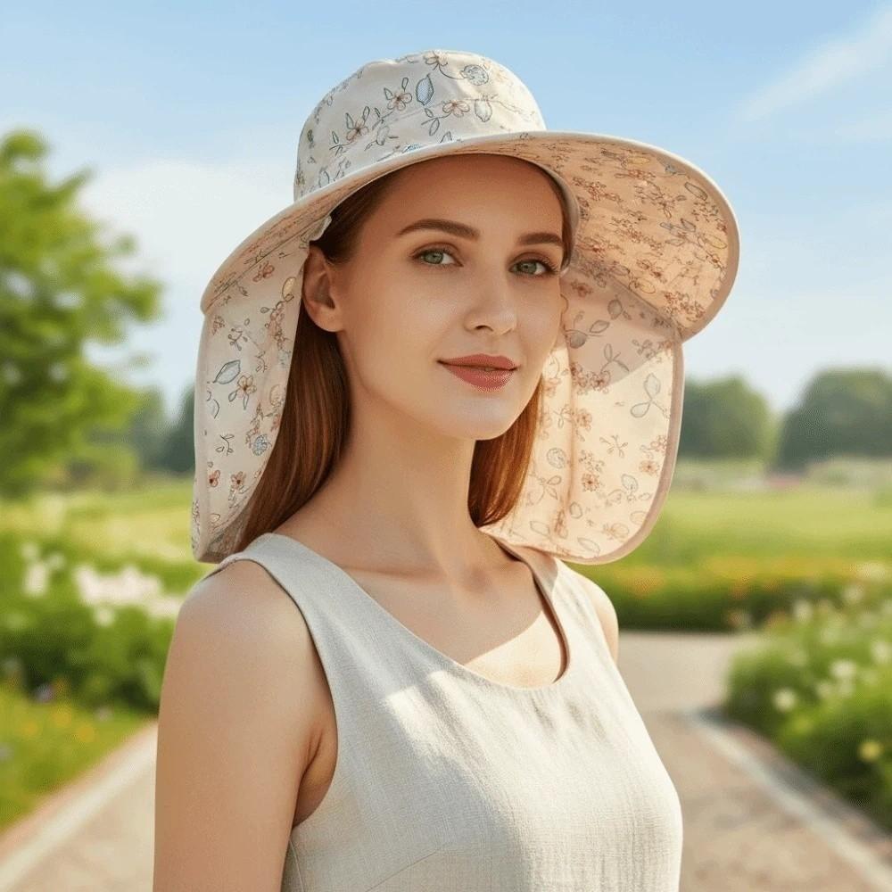 Soft With Mask Picking Tea Hat Floral Wide-brimmed Sunshade Shawl Cap Detachable Breathable Neck Protection Hat Women