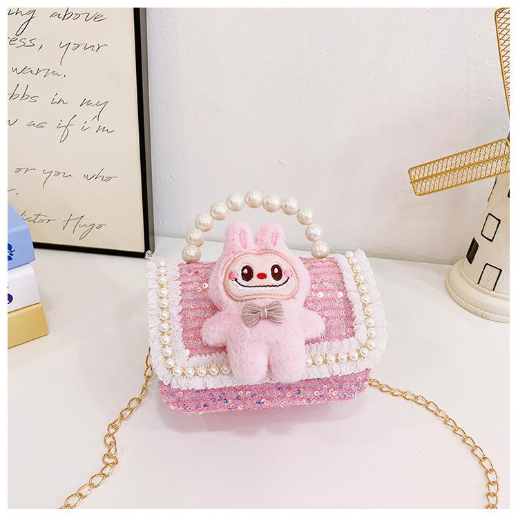 Labubu Children's Plush Lace Pearl Shoulder Bag - Crossbody Storage for Kindergarten Kids