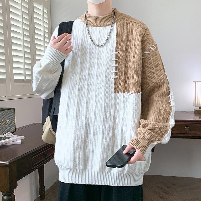 Hot-selling model, fashionable contrasting splicing sleeve, thickened crew neck sweater for men
