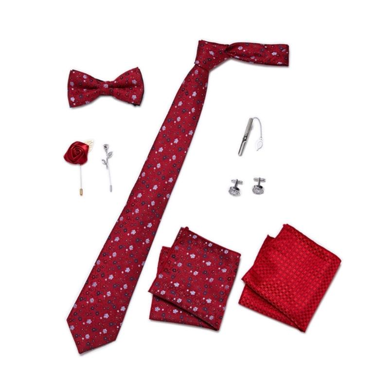 Pack of 9 Men's Floral Tie Set with Pocket Square Tie Clip Brooch Accessories for Formal Occasion Holiday Gift Supply