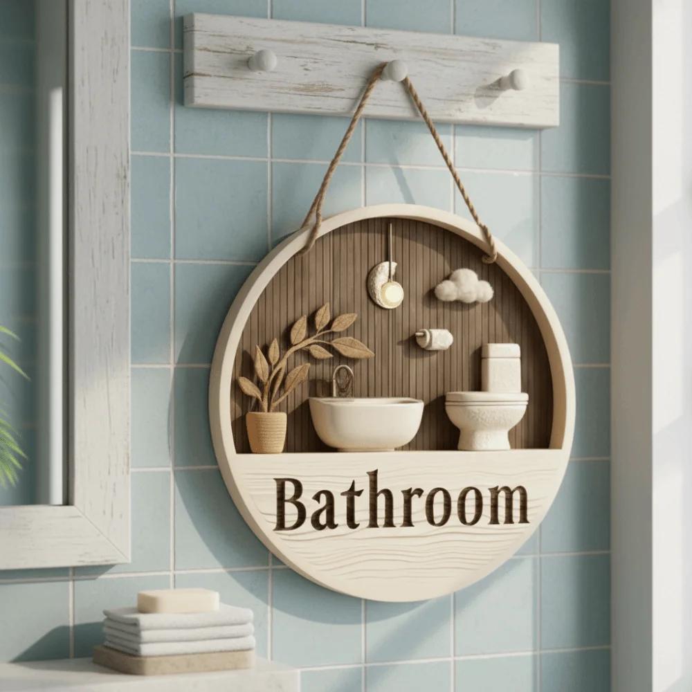 Easy to Install Wooden Bathroom Sign Plate 2D Flat Ornament Wall Art Sign Retro Hanging Circle Decorative Plaque Toilet