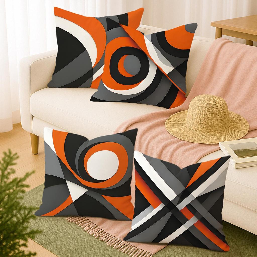 4 Piezas Fundas Cojín Mornas Y Abstractas En Tonos Geomtricos Naranja, Teal Y Blanco - Fundas Cojín Corativas C