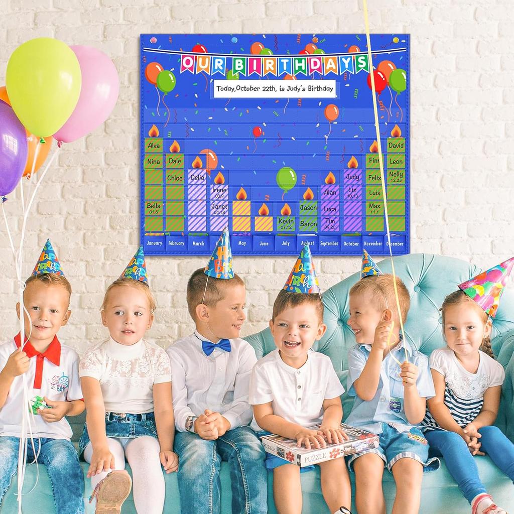 Eamay Happy Birthday Pocket Chart, Blue Birthday Graph Bulletin Board for Classroom