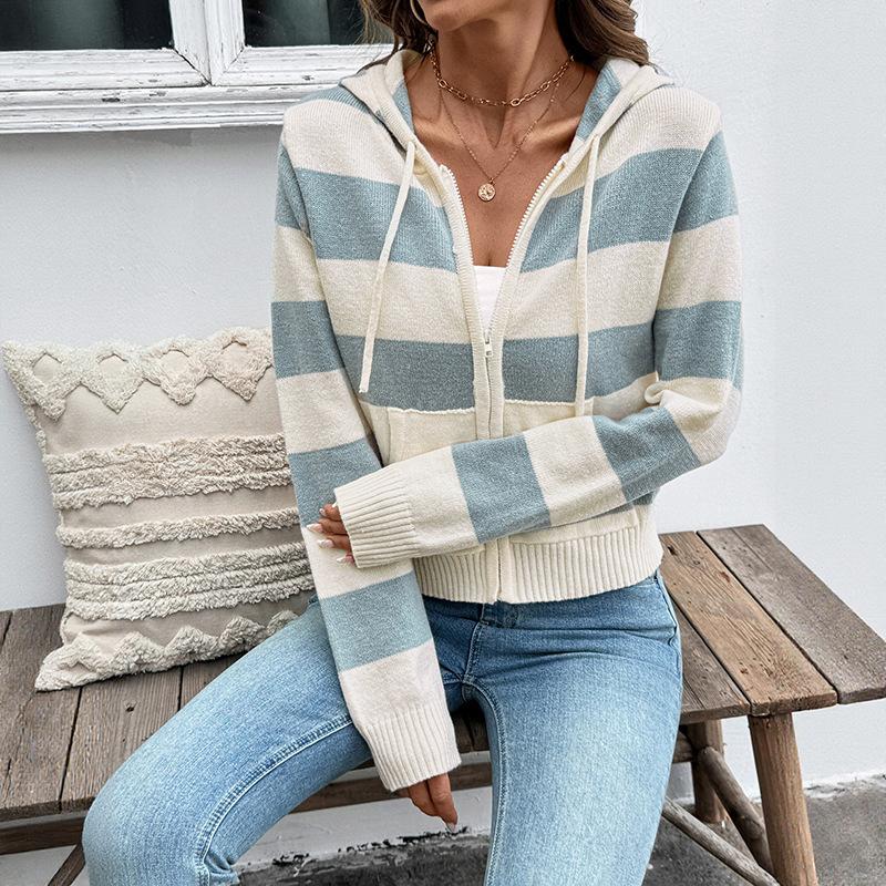 New model Korean-style relaxed-fit hooded striped sweater with zipper opening for women