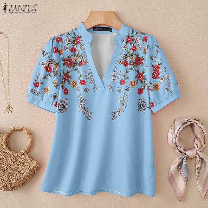 ZANZEA Women Casual V-neck Floral Print Short Sleeve Blouse