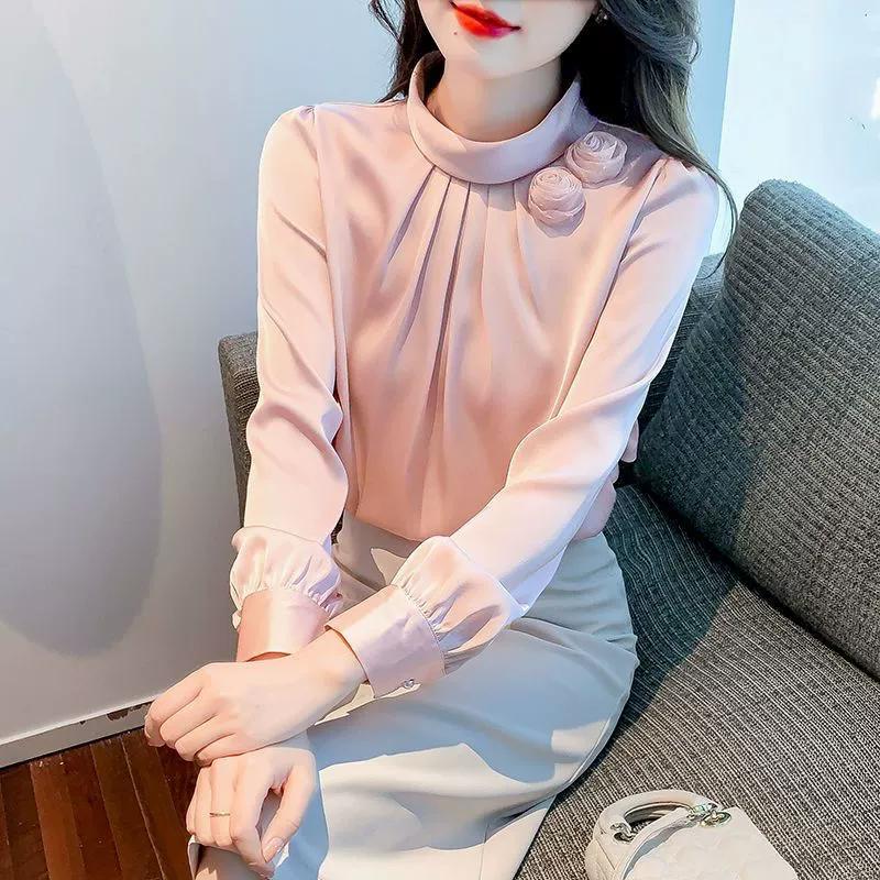 Spring Temperament Is Thin, Three-dimensional Flower Solid Color Pullover Women's Long-sleeved Satin Simulation Silk Shirt