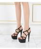 Damen Beige Rote Kreuz Krawatte 15cm Absatz Hohe Wasserdichte Plateausandalen Tanzschuhe LFD-8661-55