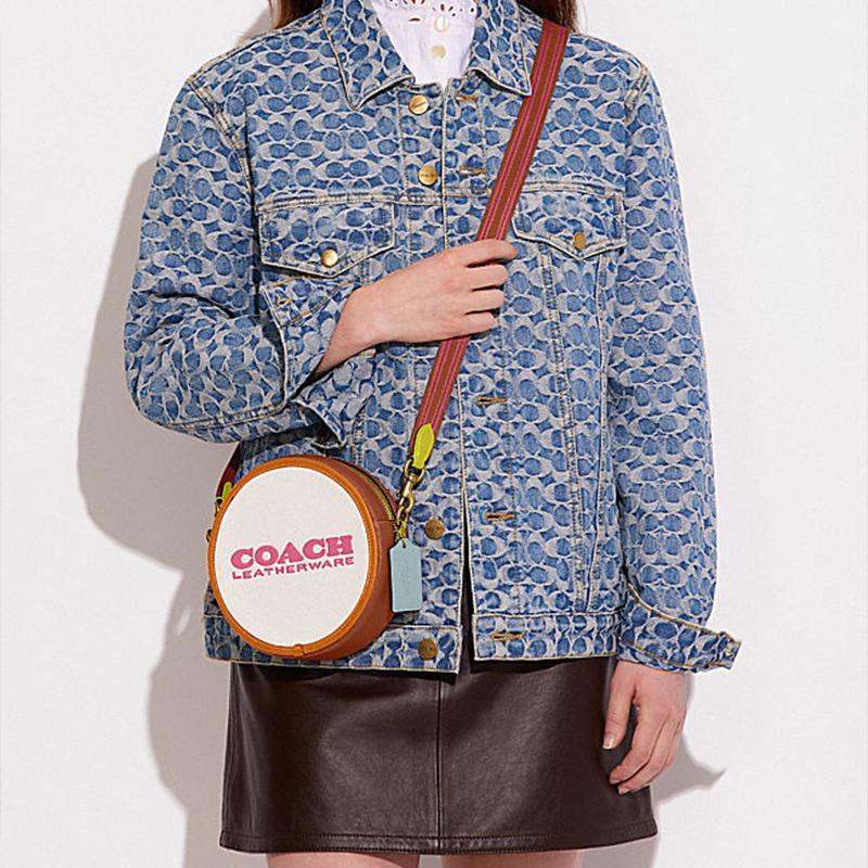 New COACH Kia Cow Leather Small Round Bag, Shoulder Bag, Crossbody Bag Trumpets Women's Chalk Multicolor CA098-B4CAH