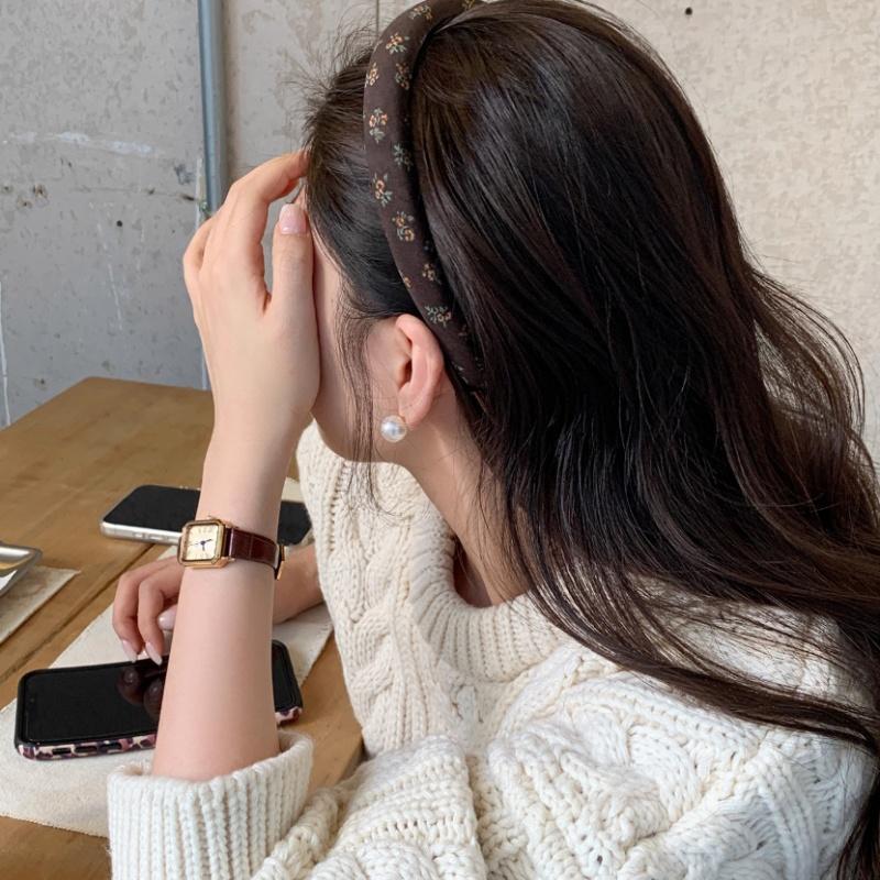 Vintage Brown Padded Headbands For Women Plaid Floral Print Hairbands Knitted Velvet Hair Hoops Plain Head Bands Accessories 1pc