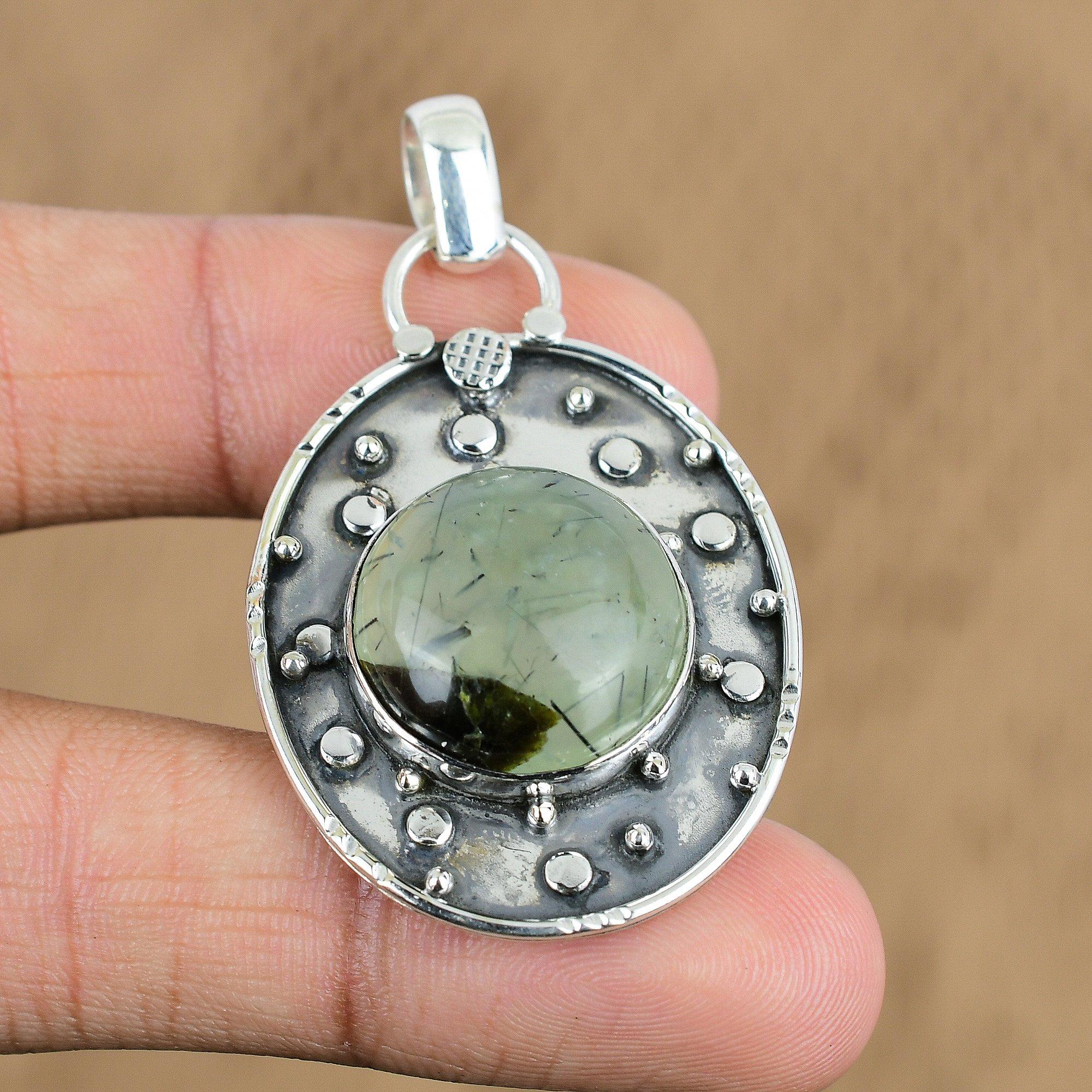

Natural Moss Prehnite Gemstone Pendant 925 Sterling Silver Jewelry For Girls