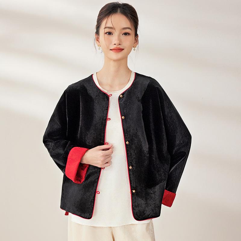 38mm Heavyweight Mulberry Silk Jacquard Long Sleeve Jacket - New Chinese Style, Double-Sided Autumn Wear for Women