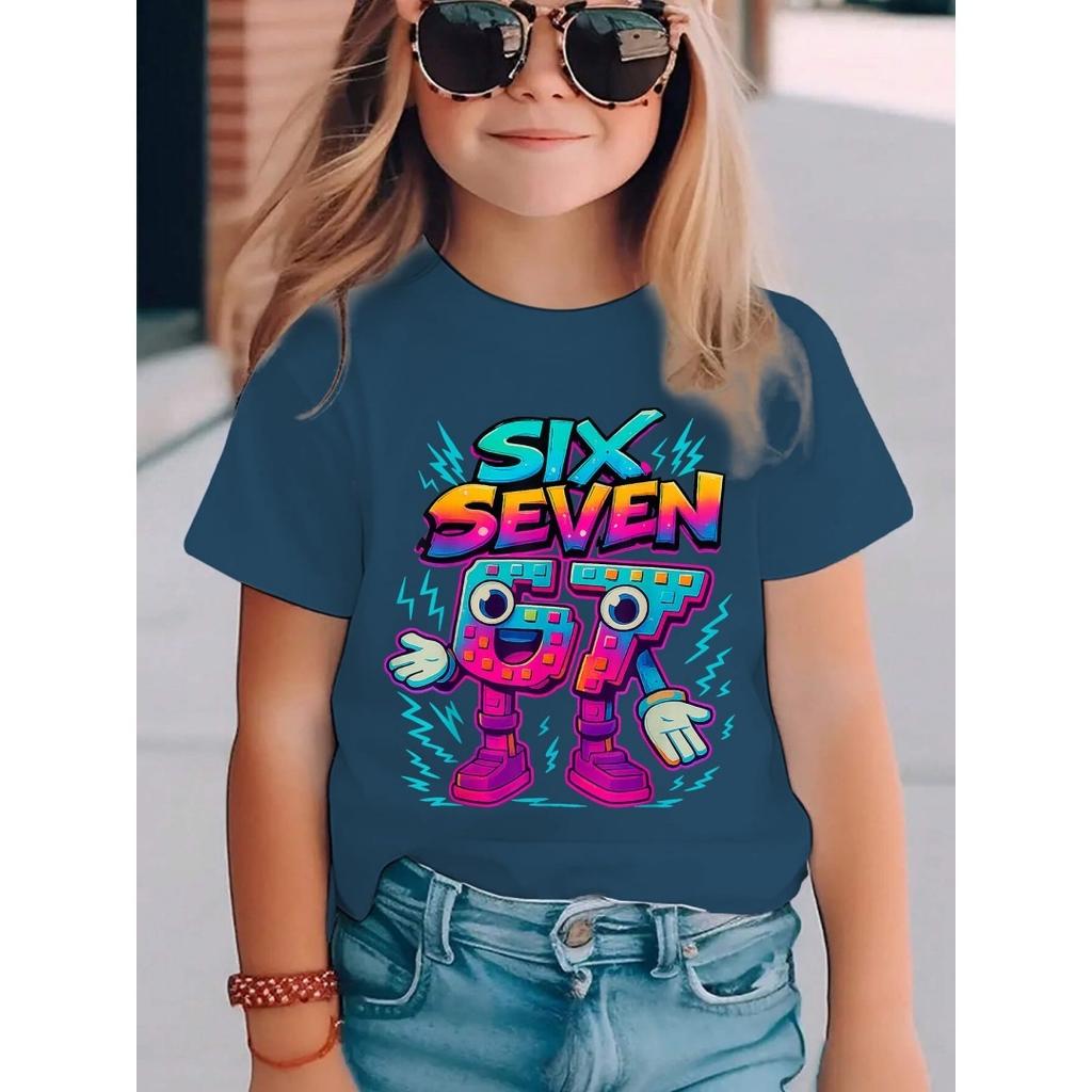 חולצת טי קיצית מצחיקה אלמנט מספר 67 שש שבע הדפסה ילדים שרוולים קצרים רפויה קז'ואלית בחוץ רחוב בנים ובנות טיז טופים
