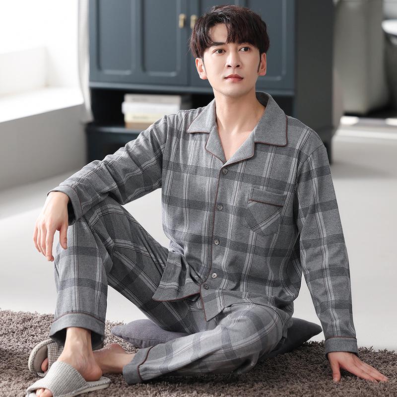 Herren Herbst/Winter Baumwoll-Pyjama-Set - Gestreiftes Karomuster Strickjacke & Langarm Zweiteiler