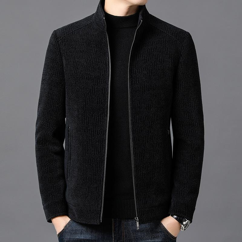 New Woolen Jacket for Men Stand Collar Casual Autumn and Winter Style Plus Velvet Thickened Warm Chenille Jacket Top