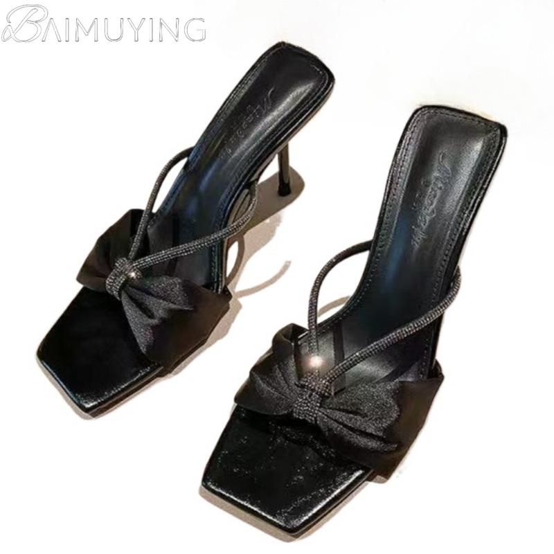 Fashion Bow Women Slippers High Heels Square Toe Sandals Shoes Crystal Summer 2025 Trend Open Toe Stilettos Pumps Dress Zapatos Mujer
