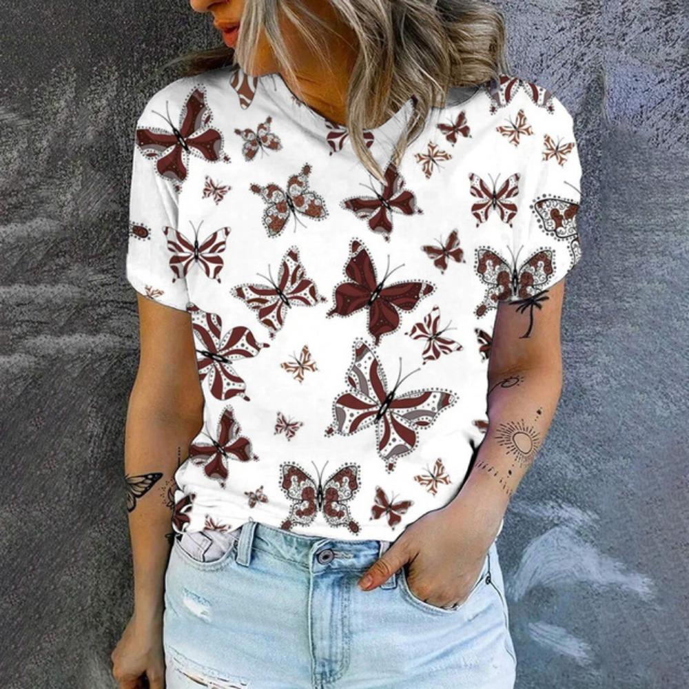 

Жіноча футболка з круглим вирізом 2024 Популярна футболка Мода Принт з візерунком метелика Жіноча елегантна повсякденна футболка з коротким рукавом 5XL