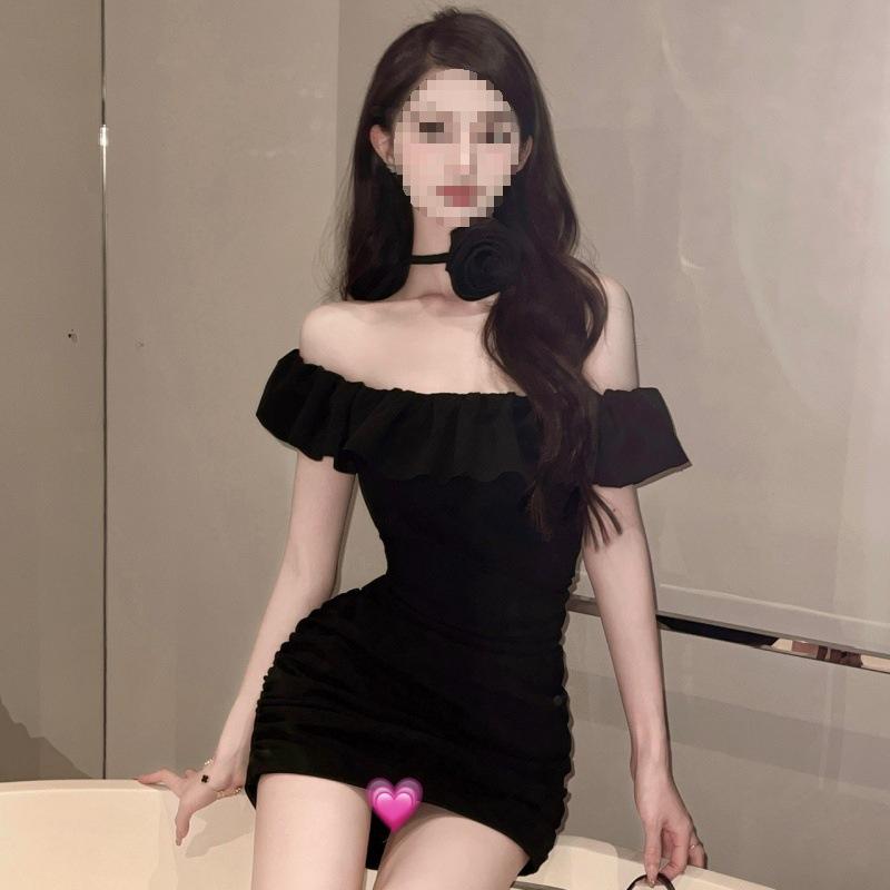 Chic Ruffled Off-Shoulder Bodycon Dress - French Style Slimming Mini Skirt
