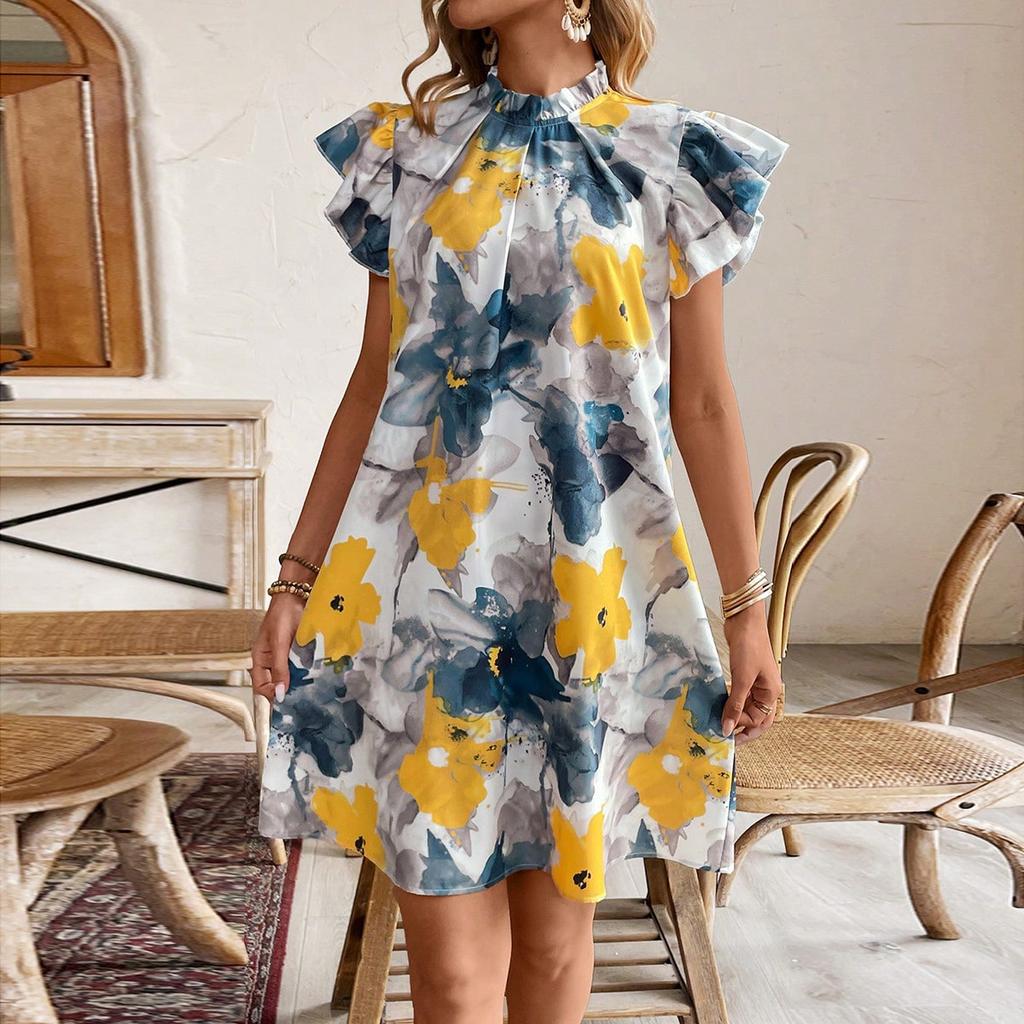 A New Summer Printed V-neck Short-sleeved Loose Dress for Women