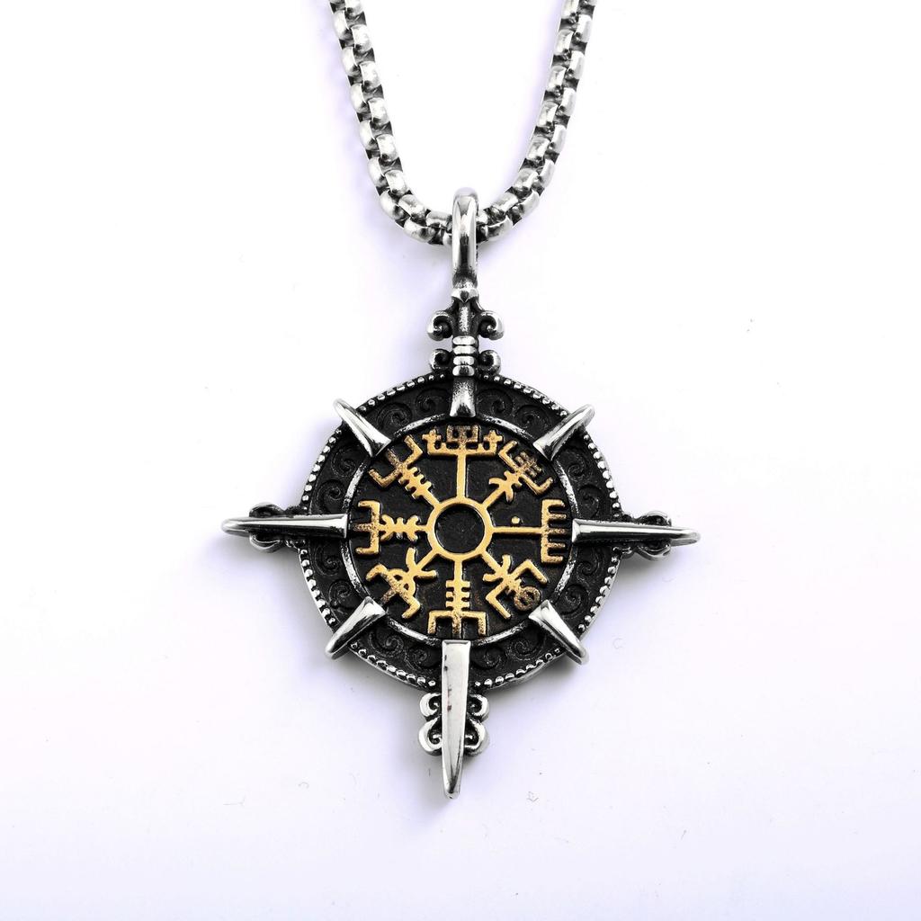 Vintage Nordic Men's Stainless Steel Men's Pendant Viking Compass Rune Necklace Pendant