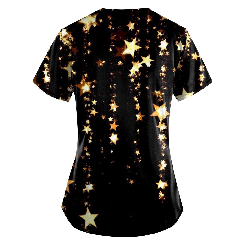 Women Fashion Butterfly Print V-neck Short Sleeve Workwear With Pockets Tops