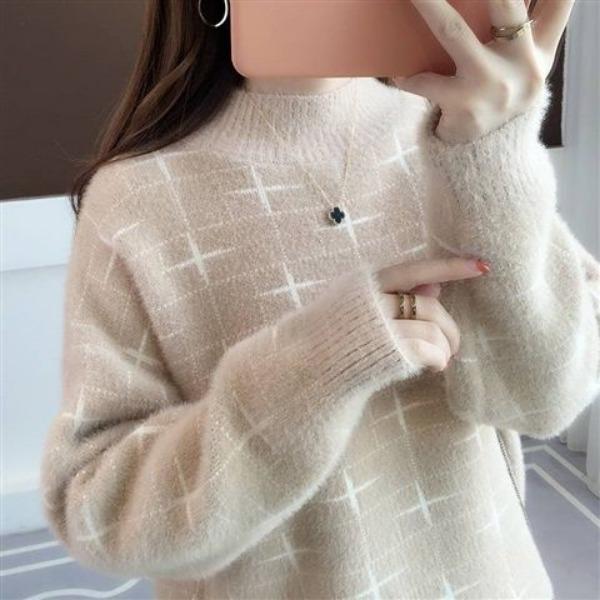 

Женский свитер, новый осенне-зимний свободный корейский вариант, утолщенный свитер с полувысоким воротом и плюшем S хаки