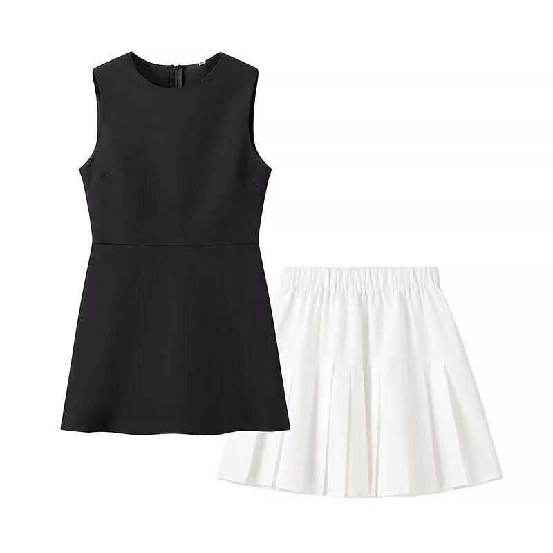 Spring and Summer New Women's Clothing Fashion Style Minimalist Easiest for Match Round Neck Sleeveless Short Top + Short Skirt Two-piece Set Dress